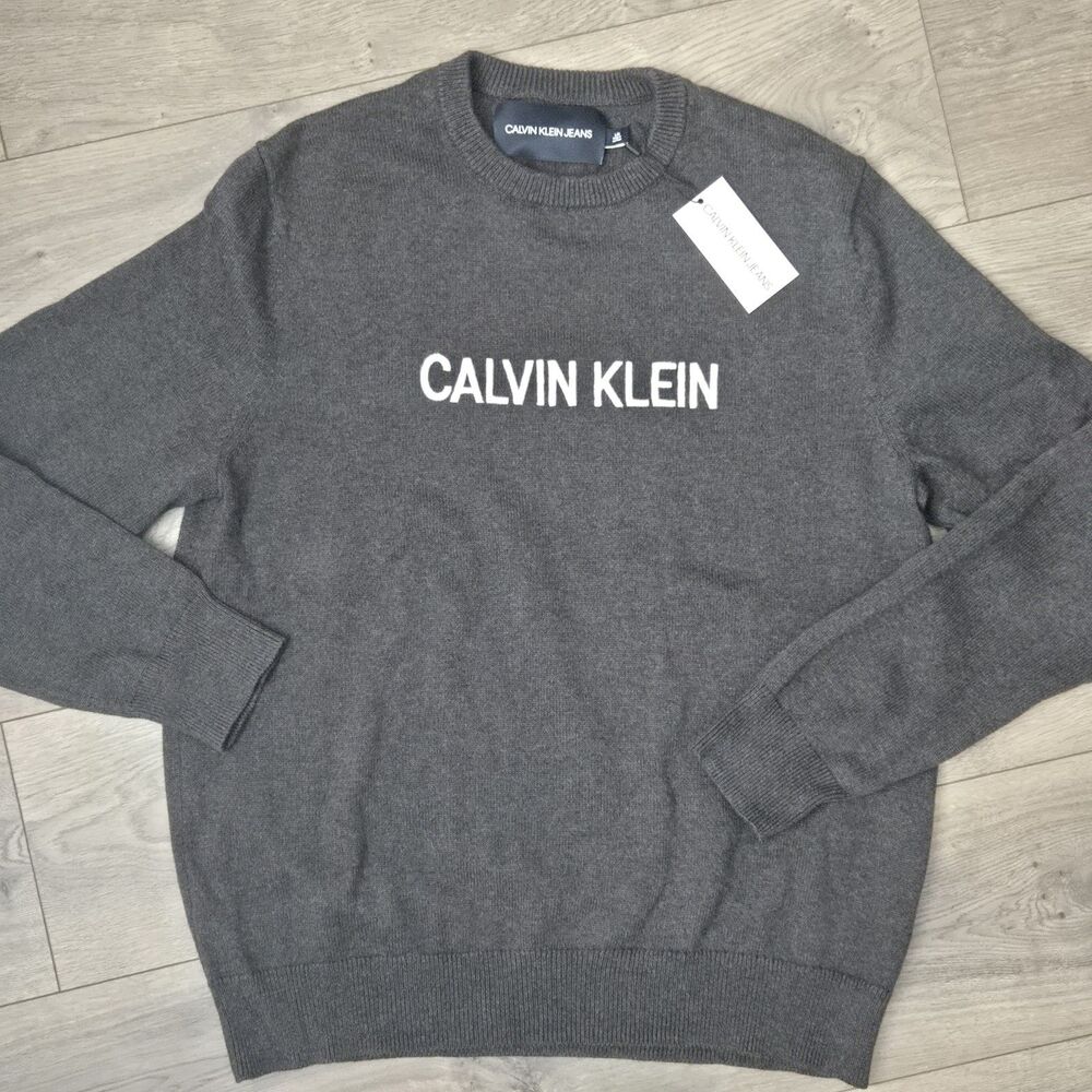 Calvin Klein Jeans Gray Logo Crewneck Sweater L NWT 100% Cotton Casual Knit